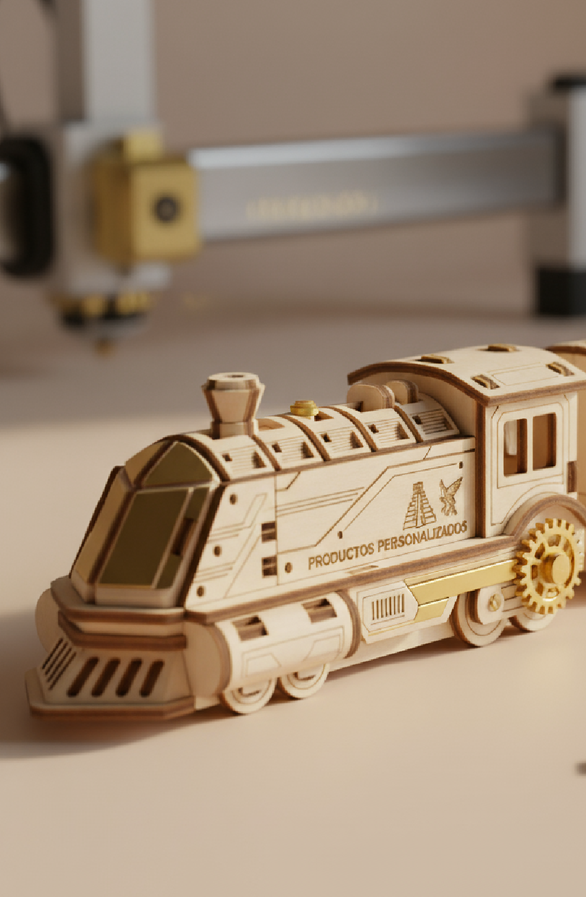 Rompecabezas de tren hecho en MDF, cortado y grabado con láser, mostrando detalles precisos del diseño en madera natural, ideal como juguete educativo o decorativo.