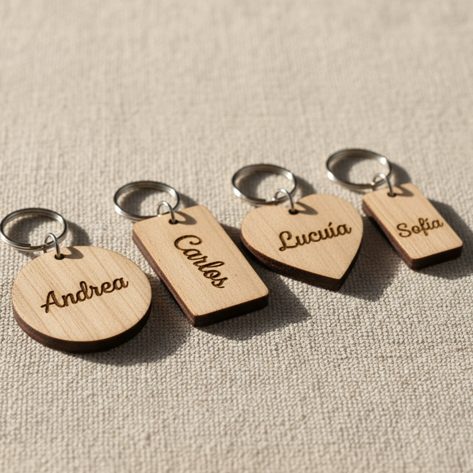 Llaveros de madera personalizados con grabado de nombres, mostrando detalles en color natural de la madera y diseño único, ideales como regalos personalizados.
