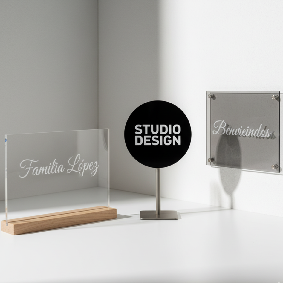 Reconocimientos y elementos corporativos hechos de acrílico transparente, personalizados con grabado láser, ideales para premiaciones y decoración empresarial.