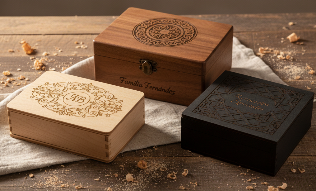 Cajas de MDF personalizadas con grabado láser, mostrando detalles precisos en la superficie de madera, ideales para regalos o decoración.