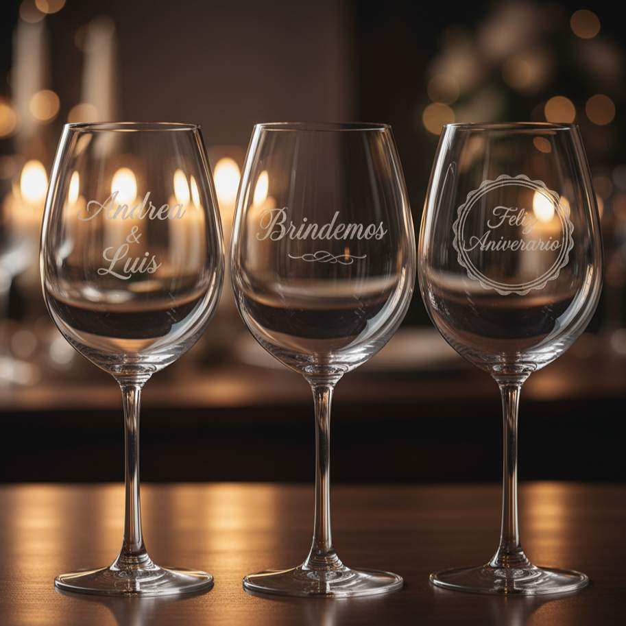 Copas de vidrio personalizadas con grabado láser, mostrando diseños detallados para eventos como bodas, cumpleaños o aniversarios.